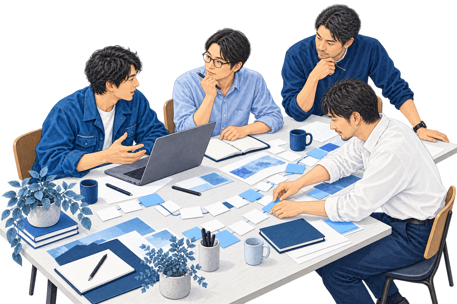 テーブルの上に作業のカードやノートを並べ、業務の流れを整理している手元の説明用イラスト