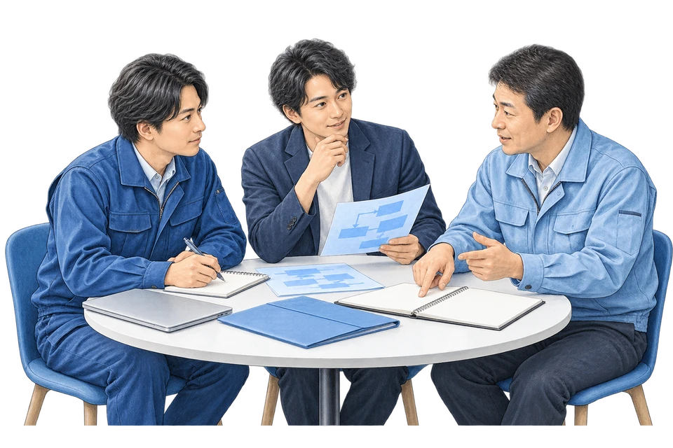 顧客企業の社員から日々の業務を聞き取る説明用イラスト