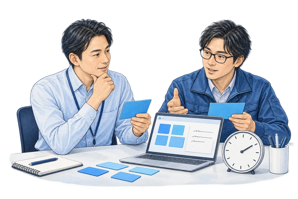使った結果を聞き、作業時間や負担を振り返る説明用イラスト