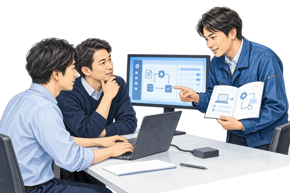 社員と操作を試し、運用の手順を共有する説明用イラスト