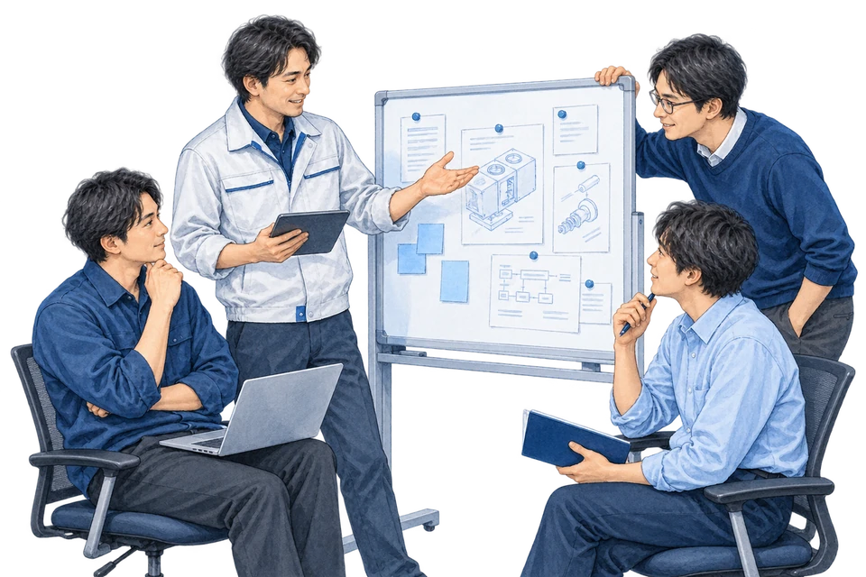 男性4人のチームで改善の進め方を話し合う説明用イラスト