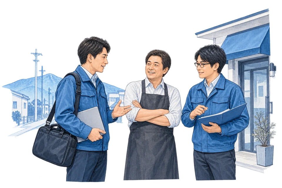 地域の企業を訪ね、仕事の状況を聞く説明用イラスト