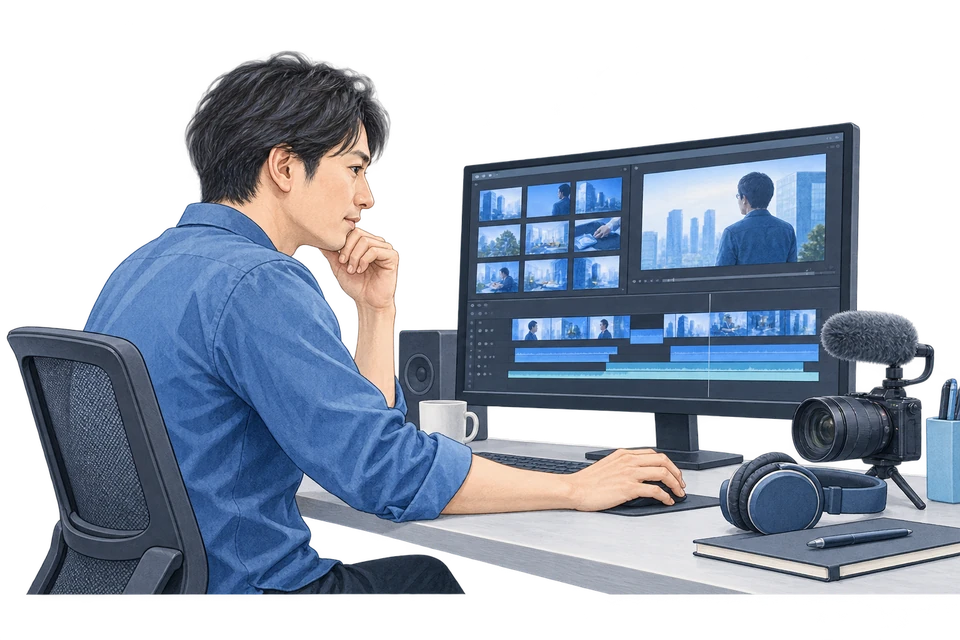 動画の構成と編集を行う説明用イラスト
